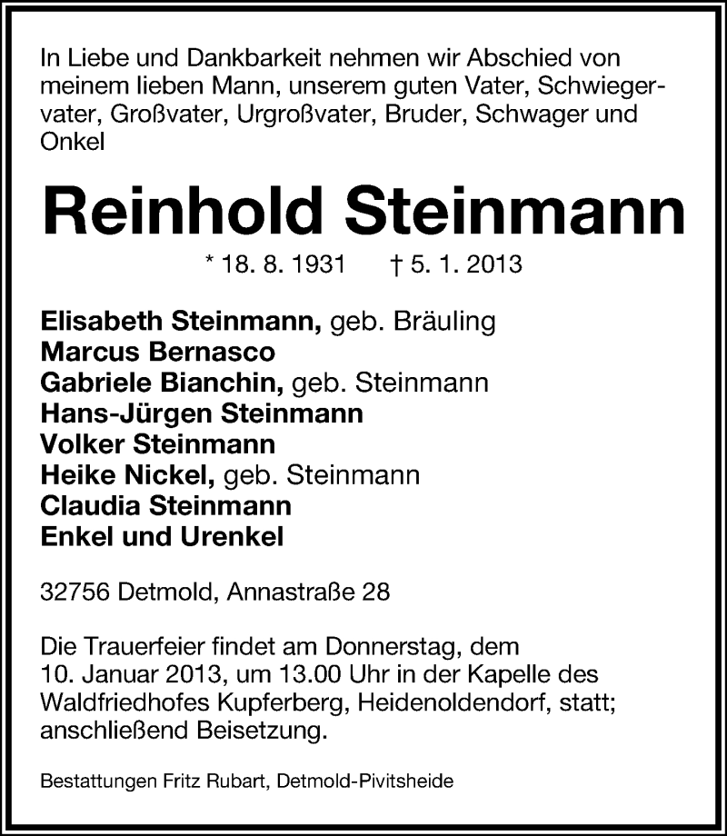  Traueranzeige für Reinhold Steinmann vom 08.01.2013 aus Lippische Landes-Zeitung
