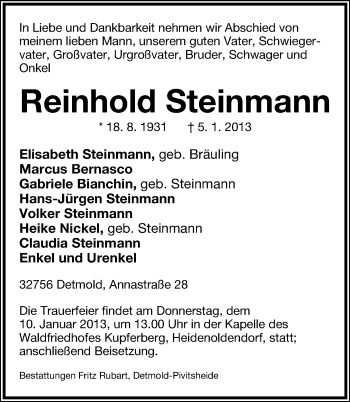Anzeige  Reinhold Steinmann  Lippische Landes-Zeitung