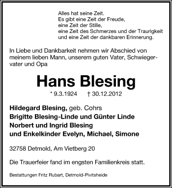 Anzeige  Hans Blesing  Lippische Landes-Zeitung