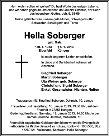 Anzeige  Hella Soberger  Lippische Landes-Zeitung