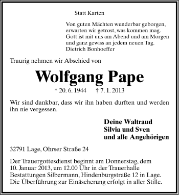 Anzeige  Wolfgang Pape  Lippische Landes-Zeitung