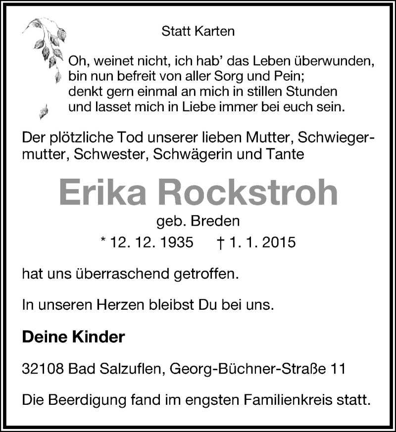  Traueranzeige für Erika Rockstroh vom 10.01.2015 aus Lippische Landes-Zeitung