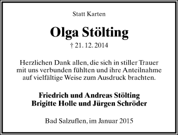 Anzeige  Olga Stölting  Lippische Landes-Zeitung