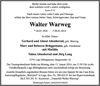 Anzeige  Walter Warweg  Lippische Landes-Zeitung