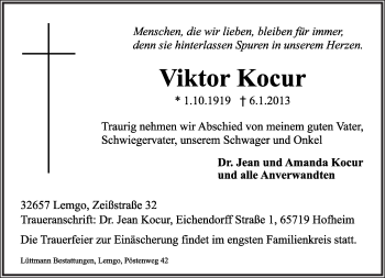 Anzeige  Viktor Kocur  Lippische Landes-Zeitung