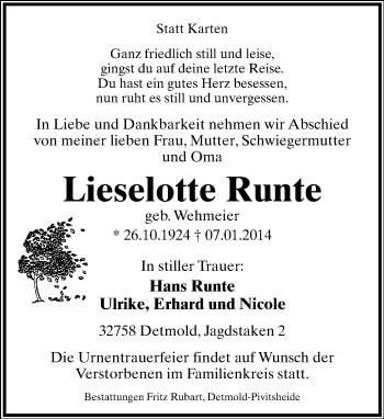 Anzeige  Lieselotte Runte  Lippische Landes-Zeitung