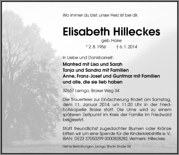 Anzeige  Elisabeth Hilleckes  Lippische Landes-Zeitung
