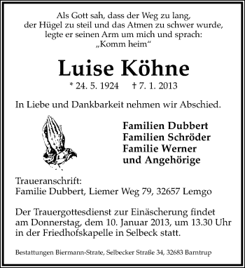 Anzeige  Luise Köhne  Lippische Landes-Zeitung