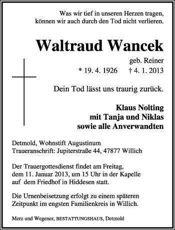 Anzeige  Waltraud Wancek  Lippische Landes-Zeitung
