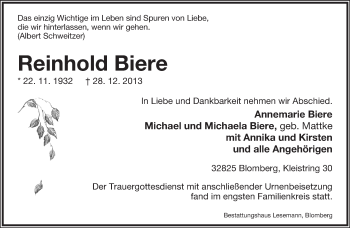 Anzeige  Reinhold Biere  Lippische Landes-Zeitung