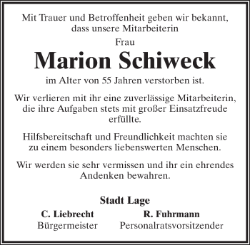 Anzeige  Marion Schiweck  Lippische Landes-Zeitung