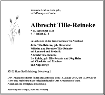 Anzeige  Albrecht Tille-Reineke  Lippische Landes-Zeitung