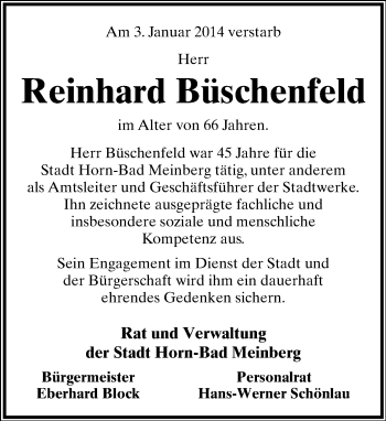 Anzeige  Reinhard Büschenfeld  Lippische Landes-Zeitung