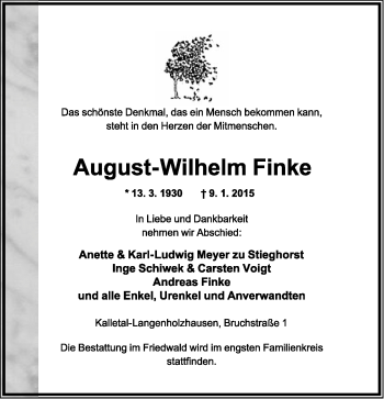 Anzeige  August-Wilhelm Finke  Lippische Landes-Zeitung
