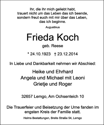 Anzeige  Frieda Koch  Lippische Landes-Zeitung