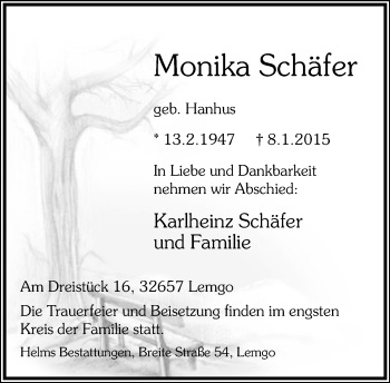 Anzeige  Monika Schäfer  Lippische Landes-Zeitung