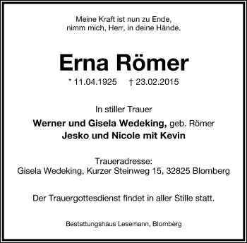 Anzeige  Erna Römer  Lippische Landes-Zeitung