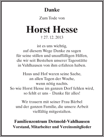 Anzeige  Horst Hesse  Lippische Landes-Zeitung