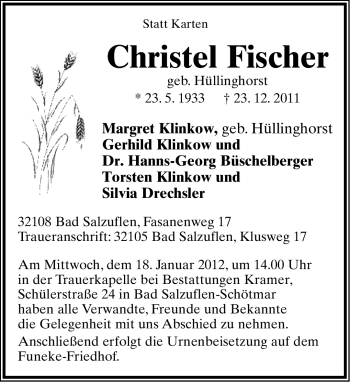 Anzeige  Christel Fischer  Lippische Landes-Zeitung