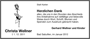 Anzeige  Christa Wellner  Lippische Landes-Zeitung