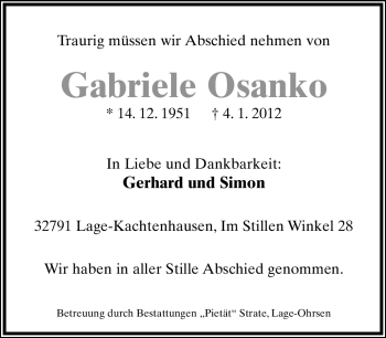 Anzeige  Garbriele Osanko  Lippische Landes-Zeitung