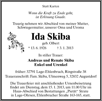 Anzeige  Ida Skiba  Lippische Landes-Zeitung