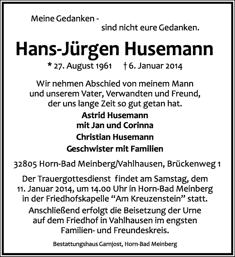  Traueranzeige für Hans-Jürgen Husemann vom 10.01.2014 aus Lippische Landes-Zeitung