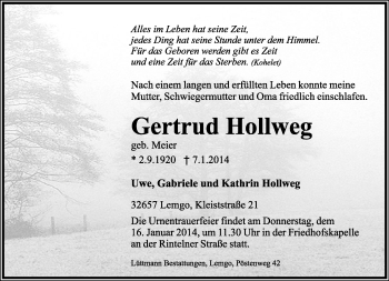 Anzeige  Gertrud Hollweg  Lippische Landes-Zeitung
