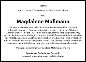 Anzeige  Magdalene Möllmann  Lippische Landes-Zeitung