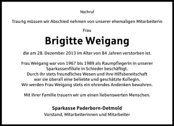 Anzeige  Brigitte Weigang  Lippische Landes-Zeitung