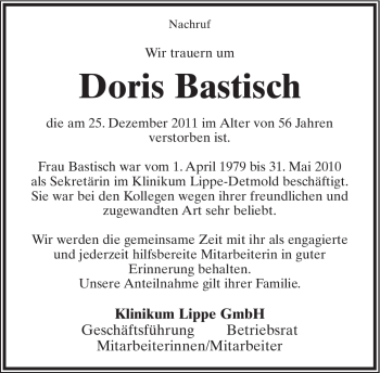 Anzeige  Doris Bastisch  Lippische Landes-Zeitung