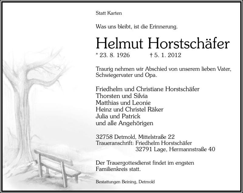  Traueranzeige für Helmut Horstschäfer vom 07.01.2012 aus Lippische Landes-Zeitung