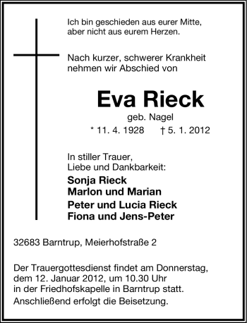 Anzeige  Eva Rieck  Lippische Landes-Zeitung