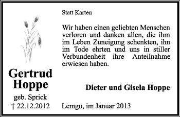 Anzeige  Gertrud Hoppe  Lippische Landes-Zeitung