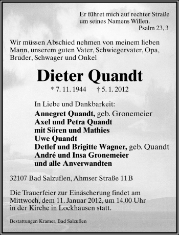 Anzeige  Dieter Quandt  Lippische Landes-Zeitung