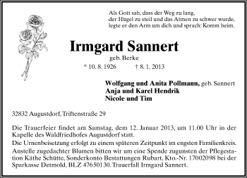 Anzeige  Irmgard Sannert  Lippische Landes-Zeitung