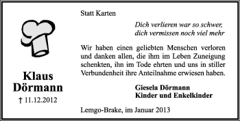 Anzeige  Klaus Dörmann  Lippische Landes-Zeitung