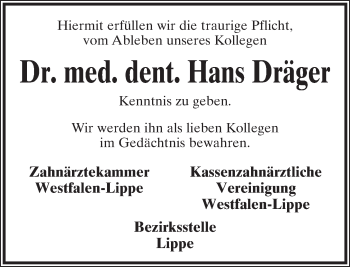 Anzeige  Hans Dräger  Lippische Landes-Zeitung