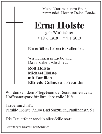 Anzeige  Erna Holste  Lippische Landes-Zeitung