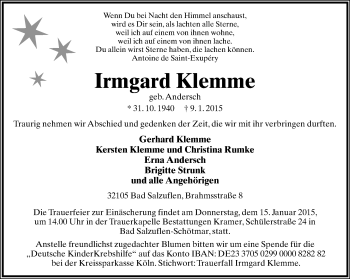 Anzeige  Irmgard Klemme  Lippische Landes-Zeitung