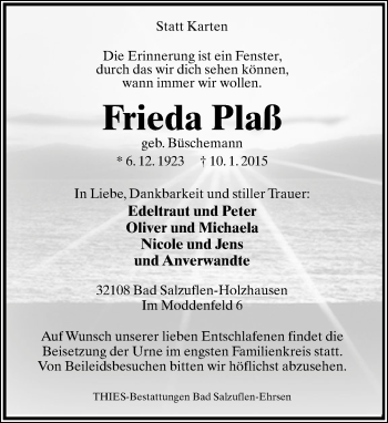 Anzeige  Frieda Plaß  Lippische Landes-Zeitung
