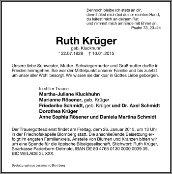 Anzeige  Ruth Krüger  Lippische Landes-Zeitung