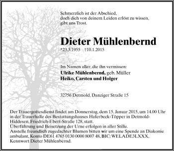 Anzeige  Dieter Mühlennbernd  Lippische Landes-Zeitung