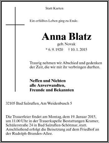 Anzeige  Anna Blatz  Lippische Landes-Zeitung