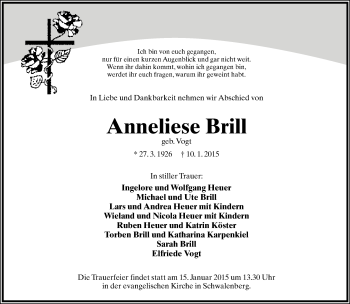 Anzeige  Anneliese Brill  Lippische Landes-Zeitung