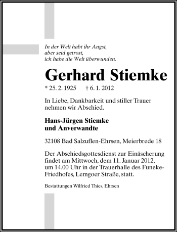 Anzeige  Gerhard Stiemke  Lippische Landes-Zeitung