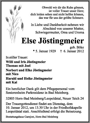 Anzeige  Else Jöstingmeier  Lippische Landes-Zeitung