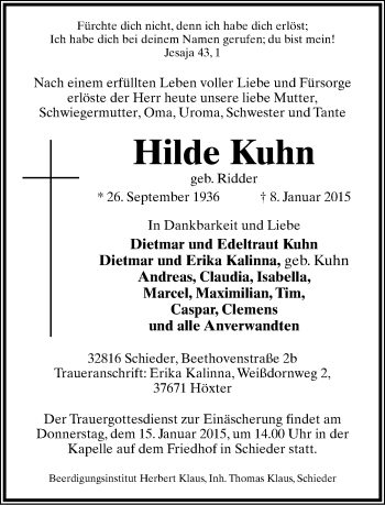 Anzeige  Hilde Kuhn  Lippische Landes-Zeitung