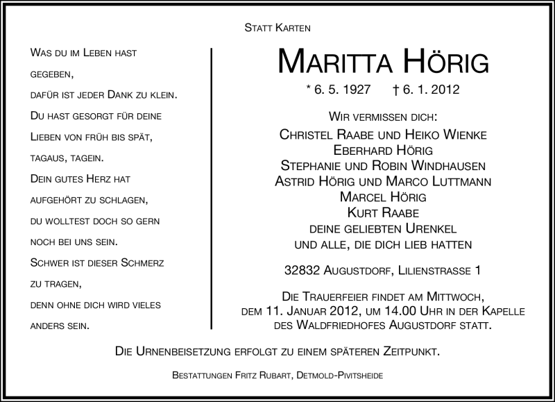  Traueranzeige für Maritta Hörig vom 09.01.2012 aus Lippische Landes-Zeitung