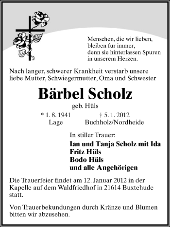 Anzeige  Bärbel Scholz  Lippische Landes-Zeitung